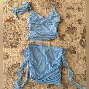 SHEIN Baby Blue Ruched Mesh Crop Top & Skirt Set – Size S